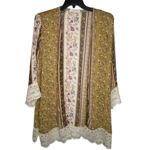 Rewind Womens XL Floral Sheer Kimono Cardigan Crochet Lace Trim Boho Open Front